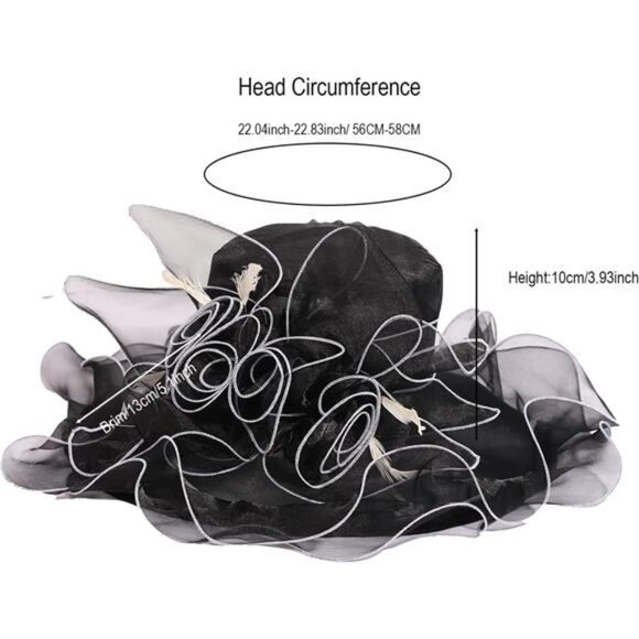 Women Sun Hat Church Wide Brim Black White - Picture 3 of 7